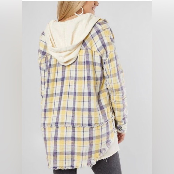 We The Free Yellow and Cream Plaid Hooded Shirt - Picture 2 of 5